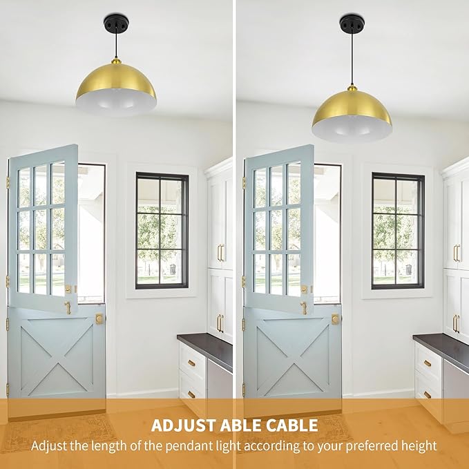 Gold Pendant Light, 12" Farmhouse Ceiling Light with Gold and White, Elegant Semi-Circular Shade Design, Adjustable Height Industrial Dome Pendant Lights for Kitchen Island, Dining Room