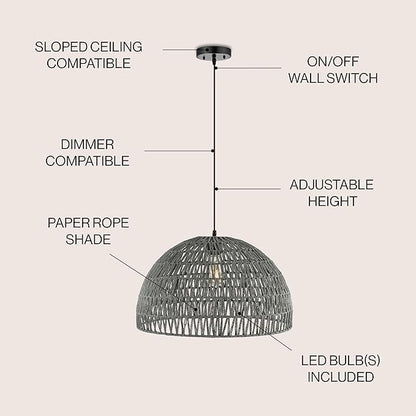 JONATHAN Y 20" Gray Modern Bohemian Woven Rope LED Pendant Light Fixture, Adjustable Dome Ceiling Lamp for Kitchen Island, Rope Shade, Coastal Farmhouse Decor (JYL6504D)
