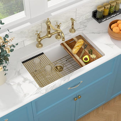 Sarlai 30 Granite Composite Kitchen Sink - 30 x 19 Inch Granite Undermount Kitchen Sink Ledge Workstation Under-Mount White Quartz Classic Single Bowl Sinks Under Counter Basin With Gold Accessories