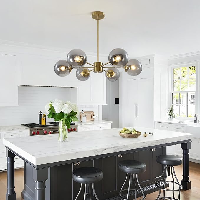 KCO Lighting Gold Globe Chandelier Smoke Bubble Glass Ball Pendant Lighting Fixture Modern 6-Light Brushed Brass Sputnik Chandelier Light Mid Century Hanging Ceiling Lamp for Living Room