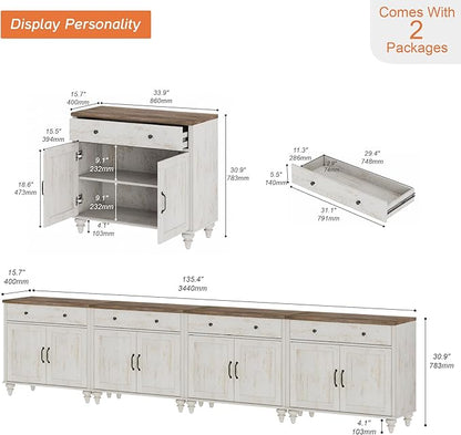 WAMPAT Large Buffet Cabinet with 8 Doors and 4 Drawers, Mid-Century Modern Coffee Bar Table Wood Kitchen Storage Cabinets, Farmhouse Sideboard Credenza for Dining Room, Rustic White, 134 inch