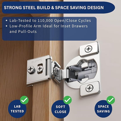 Burks Hinges 4 Pack 1 1/4'' Overlay Soft Close Hinges for Kitchen Cabinets - Stainless Steel, Anti-Rust, Self Closing Concealed Hinges, Installation Instruction and Screws Included