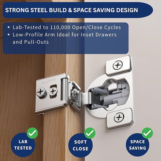 Burks Hinges 30 Pack 1 1/4'' Overlay Soft Close Hinges for Kitchen Cabinets - Stainless Steel, Anti-Rust, Self Closing Concealed Hinges, Installation Instruction and Screws Included