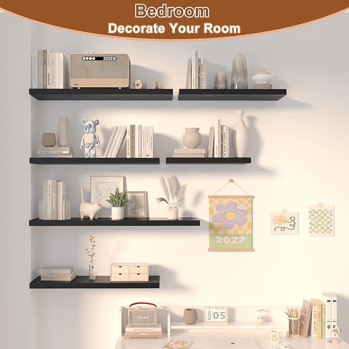 12 Inch Deep Floating Shelves for Wall 2 Pack Floating Shelfs Large Storage Space Wall Decor Display Shelf for Bathroom Living Room Bedroom Kitchen 48" W x 12" D x 1.2" H Black