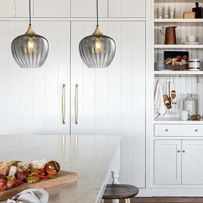 Glass Lampshade Pendant Light Kitchen Island, 9" Vintage Hanging Lamp Ceiling Lighting Fixture, Brushed Gold Modern Chandelier for Dining Room Restaurant Foyer Entryway (Smoke Grey)