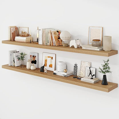 Acovy 72 Inch Floating Shelves, 9.3" Deep Floating Shelf Wall Mounted, 72" Wall Shelves, Rustic Deep Bookshelf, Large Display Shelves & Storage Shelves for Bedroom, Living Room, Light Brown, Set of 2