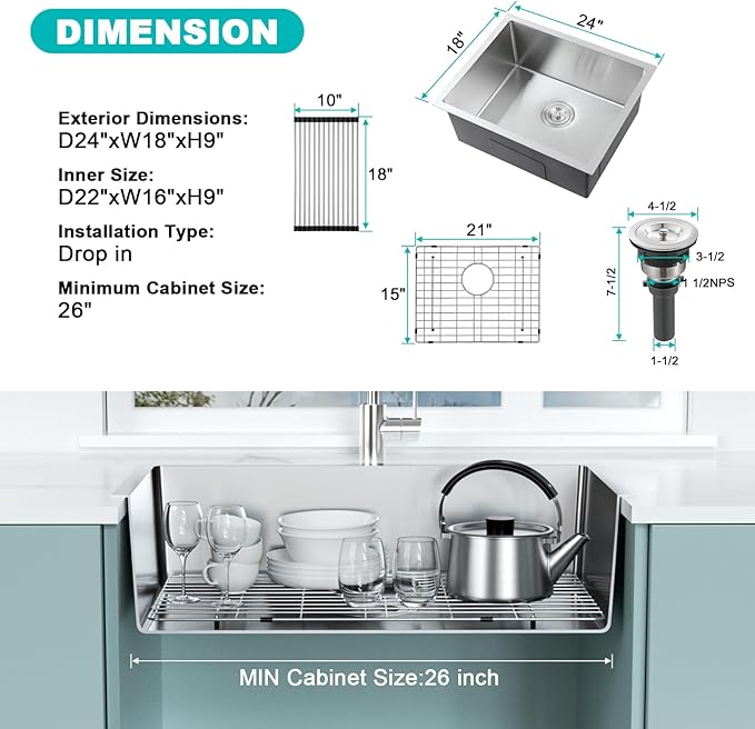 Brushed 24 Inch Undermount Kitchen Sink, 18 Gauge 304 Stainless Steel Single Bowl with Bottom Grid & Roll-Up Drying Rack, 9" Deep Utility Sink for Laundry, Kitchen, Bar