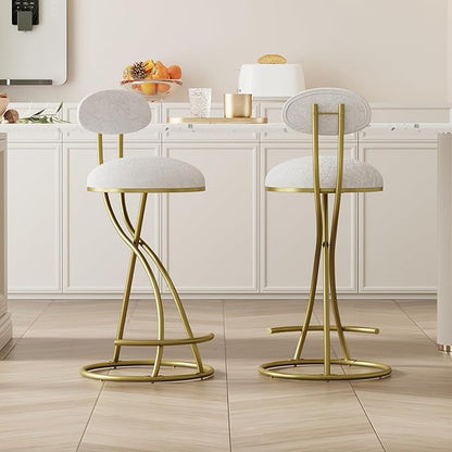 Bar Stools Set of 2 S Shaped Gold Bar stools with Backrest Floral Print Upholstered Dining Chairs Counter Height Stool for Kitchen Island (Gold White Print)