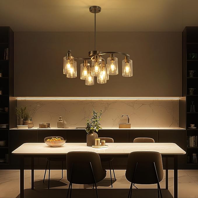 Sigaitwei 9-Light Brushed Nickel Kitchen Light Fixtures ，29.5" Large Chandeliers for Dining Room， Modern Dining Table Light Fixture，Metal Bracket Pendant Lighting with Downward Clear Glass Shade
