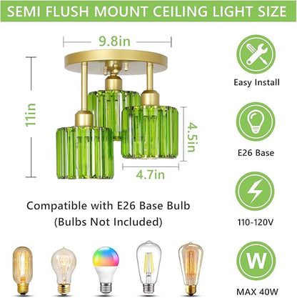 PAUFUL Green Crystal Close to Ceiling Light Fixtures,3-Light Modern Semi Flush Mount Ceiling Light,Kitchen Light Fixture with Crystal Shades,Hallway Lighting Fixture for Entryway Bedroom Bathroom