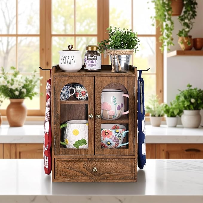 Ikee Design Wooden Countertop Storage Cabinet with Magnetic Door, Adjustable Shelves, Removable Hooks and Drawer for Perfume, Makeup, Pantry, Brown Color, 12.2 W x 6 D x 15.7 H in
