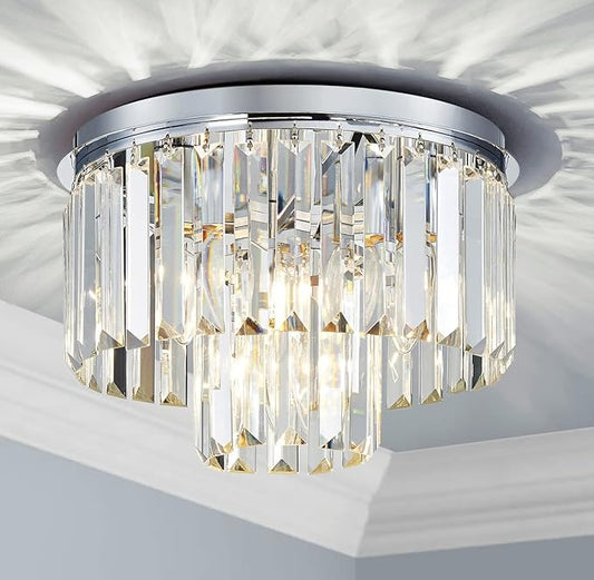 AGV LIGHTING CL006S Crystal Ceiling Light Fixture, Modern Semi Flush Ceiling Light, D12 x H8, E12 Base 3-Lights, Chrome Finish