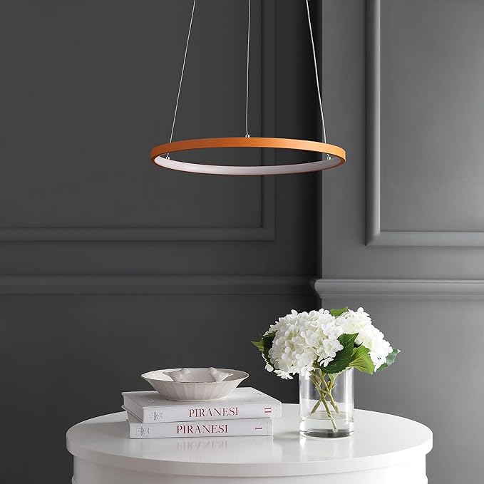 JONATHAN Y 15.75" Orange Modern Integrated LED Pendant Light, Dimmable Round Hoop Chandelier for Kitchen Island, Dining Room, Adjustable Height Metal Hanging Light (JYL7202G)