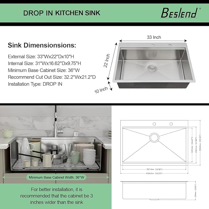 33 Inch Drop In Kitchen Sink Workstation - Beslend 16 Gauge T304 stainless Steel Drop In Sink 33x22 Single Bowl Top Mount Over Counter Handmade Kitchen Basin 33x22x10 Inch