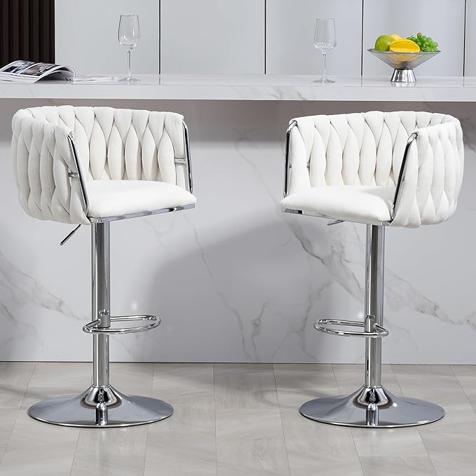 360° Fabric Cover Swivel Bar Stools Set of 2, Adjustable Counter Height Bar Chairs with Woven Back Footrest,Silver Chromed Bar Stools for Kitchen Island, Cafe, Pub (Beige)