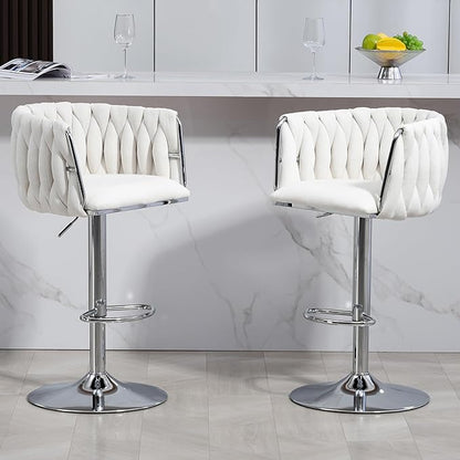 360° Fabric Cover Swivel Bar Stools Set of 2, Adjustable Counter Height Bar Chairs with Woven Back Footrest,Silver Chromed Bar Stools for Kitchen Island, Cafe, Pub (Beige)
