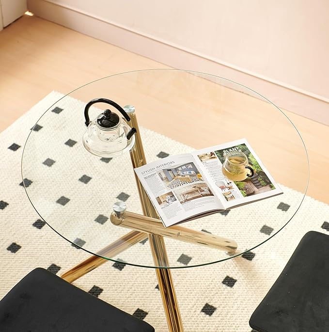 35.4'' Round Dining Table for 4 or 2, Glass Small Kitchen Table for Dining Room Living Room, Round Accent Tea Table Circular Dining Table, Gold Metal Tube Legs