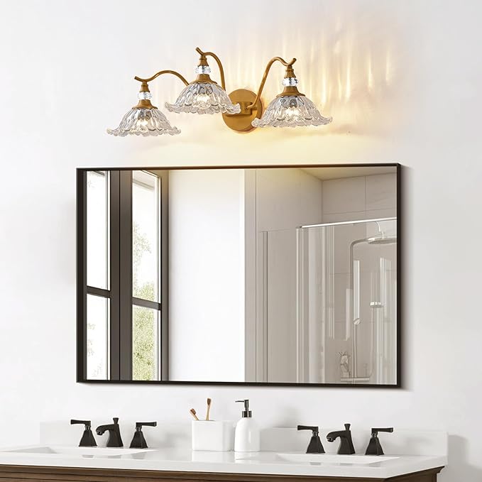 Vintage Bathroom Vanity Light Fixtures - 3 Light Antique Brass Bathroom Lights Fixture Over Mirror with Clear Flower Glass,Retro Brushed Gold Bronze Wall-Mounted Vanity Lighting for Powder Room