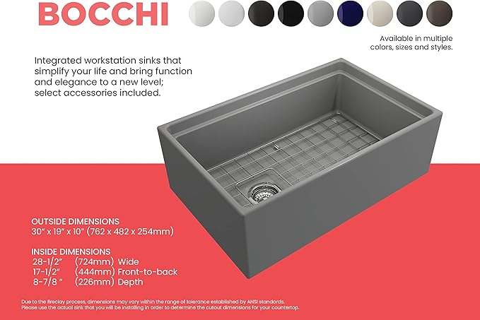 BOCCHI Contempo Workstation Apron Front Step Rim Fireclay 30 in. Single Bowl Kitchen Sink with Accessories in Matte Gray