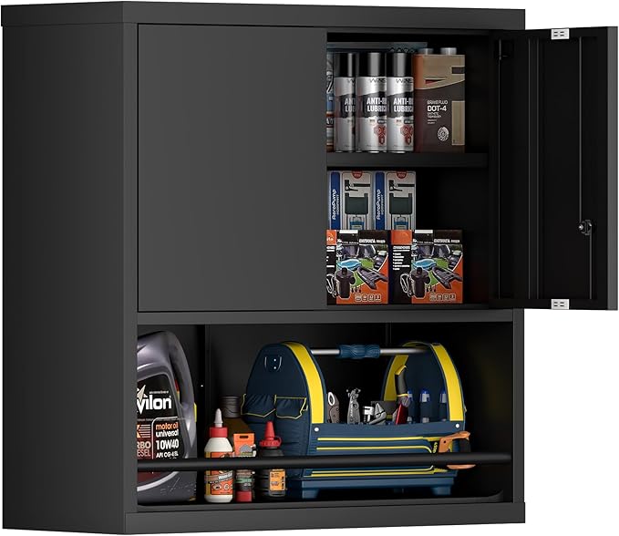 IRONFFICE Garage Storage Cabinets,Metal Wall Cabinet with Doors and Shelves,Locking Storage Cabinet for Workshop,Warehouse,Home Office,Black