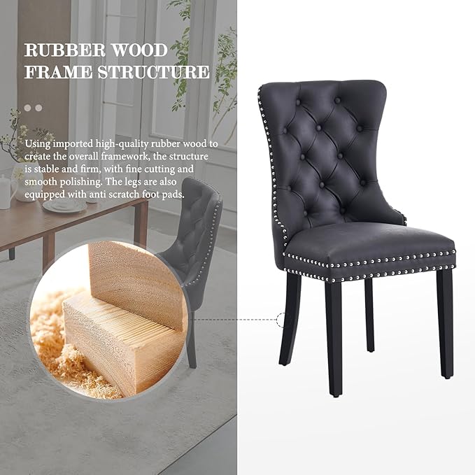 Eifizek Leather Dining Chair Set of 2, Dining Room Chairs with Nailhead Ring Pull Trim, Upholstered Dining Chairs with Solid Wood Legs for Kitchen Dining Room (Black)