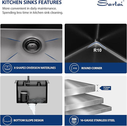 Sarlai Black Undermount Bar Sink - 15x17 Inch Outdoor Kitchen Sink RV Workstation Gunmetal Black 16 Gauge Stainless Steel Single Bowl Handmade Outdoor BBQ Sinks With Foldable Faucet