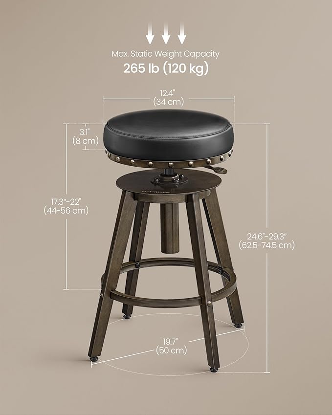 SONGMICS Home Bar Stools, Set of 2, Steampunk Counter Stool for Kitchen, Adjustable Height and Swivel Padded Seat, Workbench Stool, 16.5 x 19.3 x 24.6-29.3 Inches, Ink Black ULJB096B01