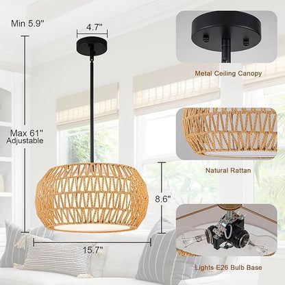 3-Light Farmhouse Rattan Chandelier,15.7'' Boho Hand Woven Drum Pendant Light Fixtures with Fabric Shade,Coastal Rattan Hanging Ceiling Lights for Kitchen Island,Dining Room,Living Room,Entryway,Foyer