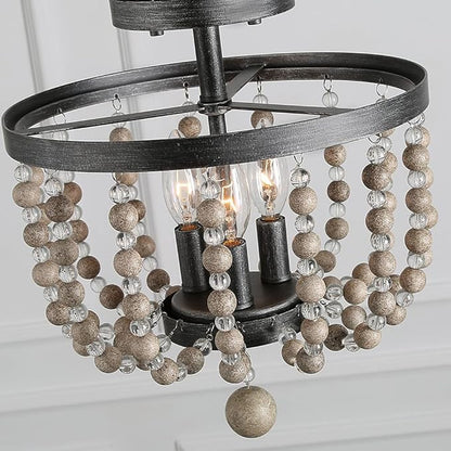 LALUZ Ceiling Light Fixture, 3-Light Bohemian Lighting for Entryway, Foyer, Distressed Wood Bead Chandelier, Dark Silver Brushed, 12 D” x 13.6” H