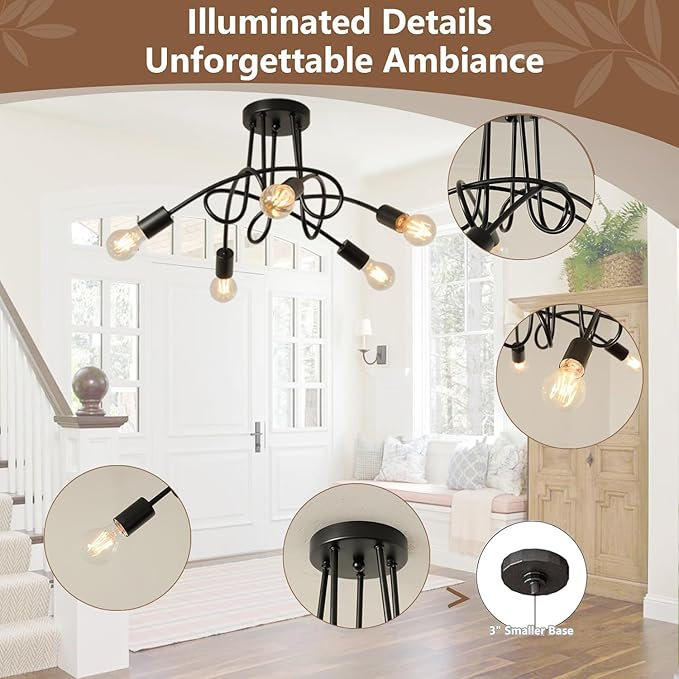 Modern Farmhouse Chandelier,25 Inch 5 Light Sputnik Semi Flush Mount Ceiling Light, Metal Black Rustic Light Fixture for Dining Room Bedroom Kitchen Hallway Entryway
