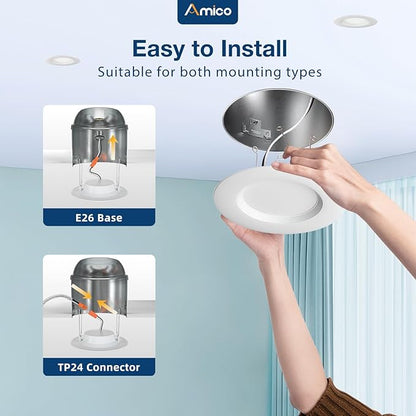 Amico 5/6 inch 5CCT LED Recessed Lighting 12 Pack, Dimmable, Damp Rated, 12.5W=100W, Can Lights with Baffle Trim, Retrofit Installation, ETL&FCC, White