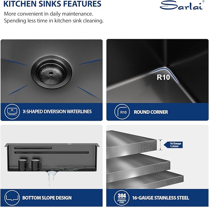 Sarlai Waterfall Kitchen Sink - 33 Inch Drop In Workstation Sink With Waterfall Black Stainless Steel 16 Gauge Multifunction Single Bowl Smart Top Mount Kitchen Sinks with Mechanical Keys 33x19 Inch