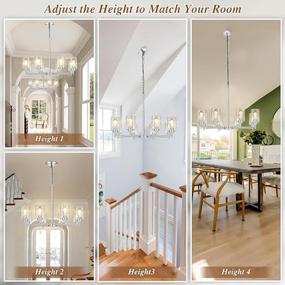 33.5'' 8-Light Chandelier for Dining Room Kitchen Island, Modern Farmhouse Pendant Lighting with Glass Shades Industrial Brushed Nickel Hanging Ceiling Light Fixture for Living Room, Height Adjustable