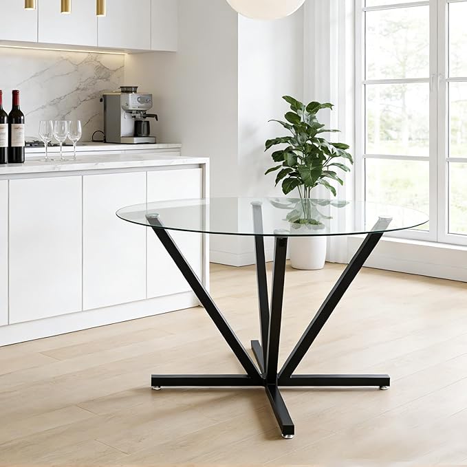 Round Dining Table for 4 6 People, 45.3" Modern Glass Kitchen Table, Circle Black Dinner Table with 0.32" Thick Tempered Glass Top and Metal Legs, Glass Dining Room Furniture for Kitchen Living Room