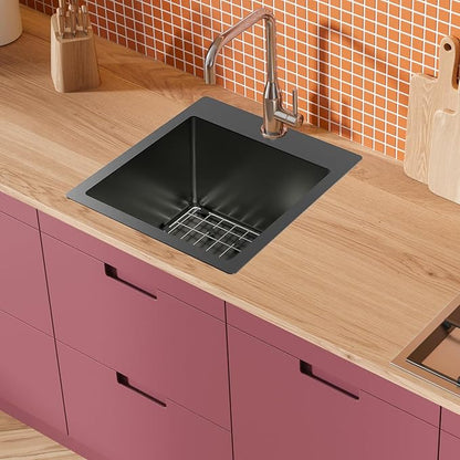 Black Kitchen Sink,15x17 Inch Bar Sink Stainless Steel Drop In Small Kitchen Sink Ideal Choice For Small Spaces Topmount Sink With Bottom Grid,Soap Mat And Drain Assembly Serve Both Kitchen And Bar