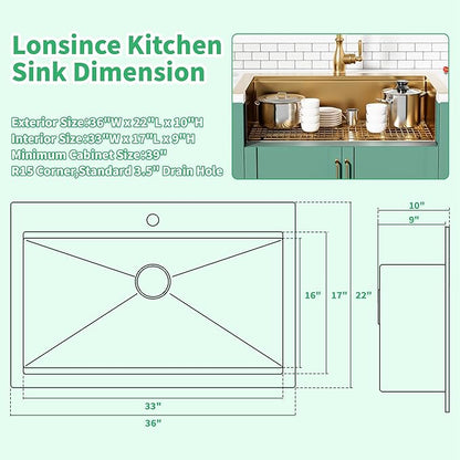 Gold Kitchen Sink 36" X 22",Drop In/Top Mount 16 Gauge Stainless Steel Workstation Sink,Deep & Large Single Bowl Kitchen Sinks (Gold, 36" X 22")