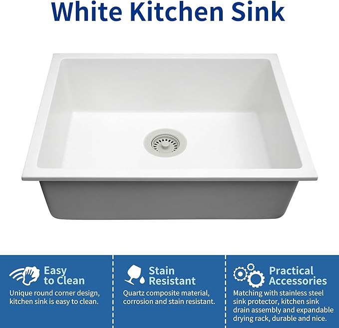 White Kithcen Sink, 23 Inch Undermount Kitchens Sinks, 23"x 18"x 8" Small Bar Sinks, 23 x18 Granite Composite Quartz Stone Kitchen Sink With Accessories