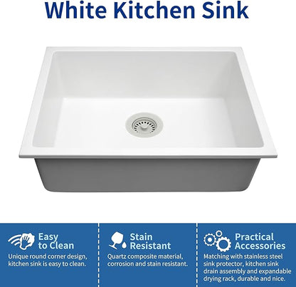 White Kithcen Sink, 23 Inch Undermount Kitchens Sinks, 23"x 18"x 8" Small Bar Sinks, 23 x18 Granite Composite Quartz Stone Kitchen Sink With Accessories