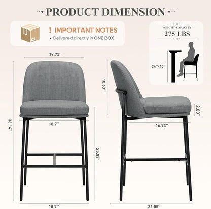 COLAMY Counter Height Bar Stools Set of 2, 25 Inch Modern Fabric Kitchen Island Stools with Back, Upholstered Counter Barstools Armless Bar Chairs with Metal Legs for Island Dining Room Bar,Dark Grey