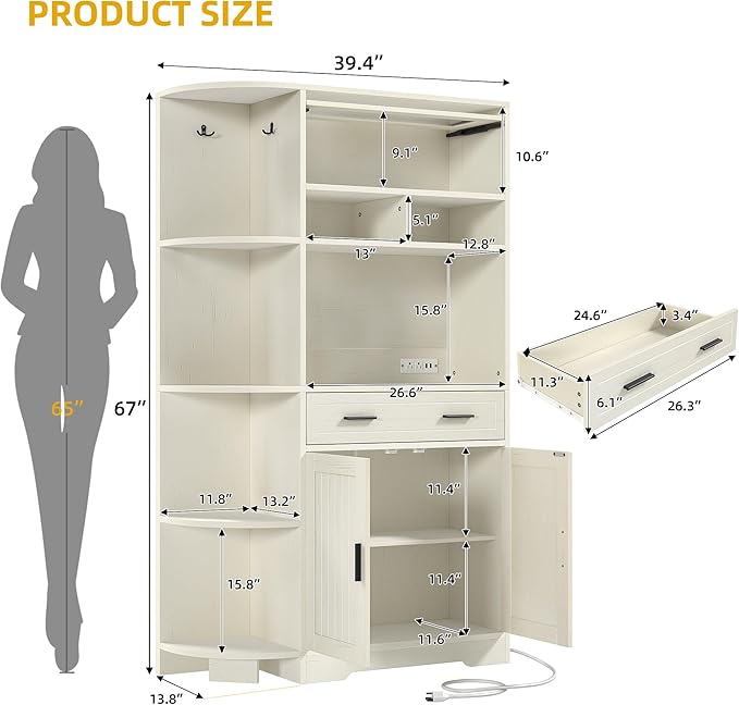 DWVO Kitchen Pantry Cabinet with Drawer, 67" Farmhouse Baker Rack with Power Outlets, Buffet Sideboard w/Microwave Stand, Cupboard Hutch Storage Cabinet for Kitchen, Living Room, Dining Room (White)