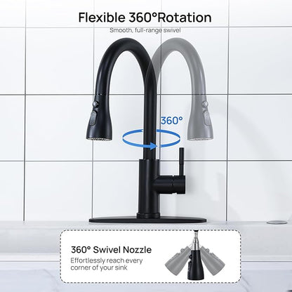 GAGALIFE Matte Black Kitchen Faucets with Pull Down Sprayer - High Pressure Blade Spray Kitchen Sink Faucet, High Arc Single Handle Stainless Steel Classic Pull Out Spray Kitchen Faucet 1 or 3 Hole