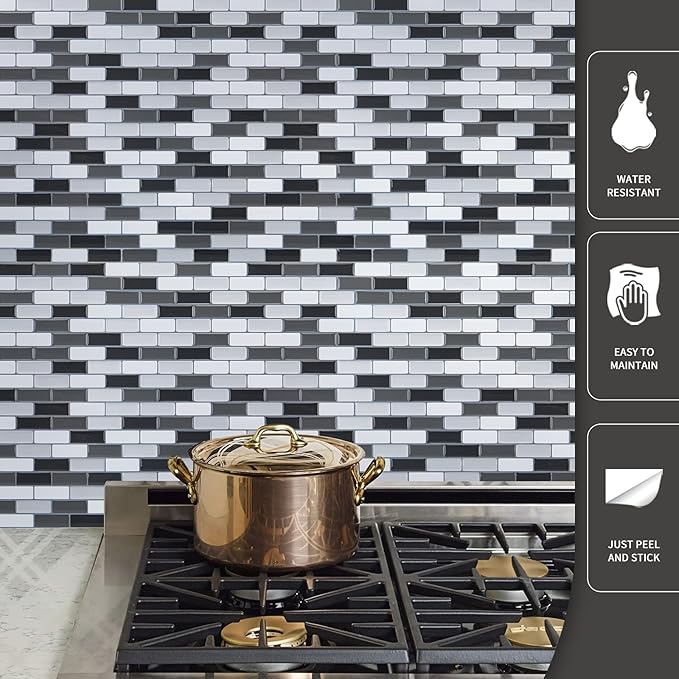 Art3d Peel and Stick Wall Tile for Kitchen/Bathroom Backsplash, 12"x12", Black-White (6 Pack)