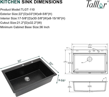 33 Inch Granite Composite Kitchen Sink - Matte Black Drop In Granite Kitchen Sink, Workstation All-In One Classic Quartz Top Mount Single Bowl Sinks for Modern Kitchen, 33"x22" #TLGT-123