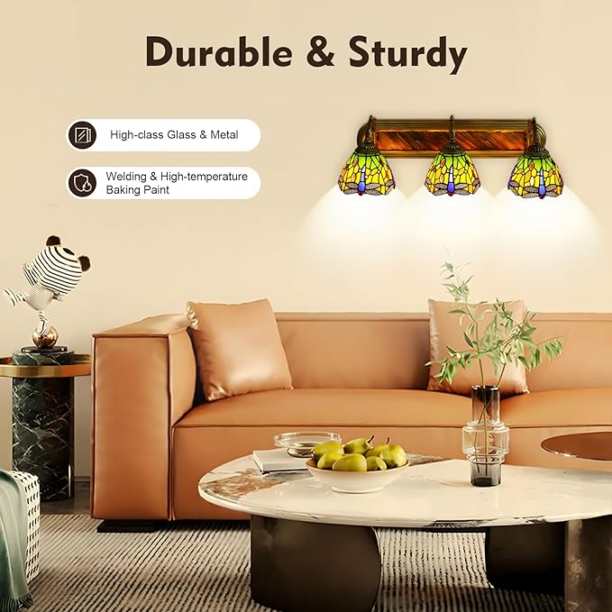 Retro Dragonfly Wall Sconce Lamp Victorian Decor Lamp 3-Light Vanity Light Fixtures Stained Glass Style Decorative Wall Lamp for Bathroom Bedroom Living Room Hotel