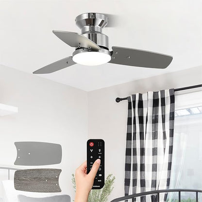 Conciseer 30 Inch Ceiling Fans with Lights and Remote, Bedroom Living Room Office, Flush Mount, 3CCT Dimmable, Dual Color 3 Blades 6 Speed Reversible Quiet DC Motor, Chrome-Plated/Wood Grain