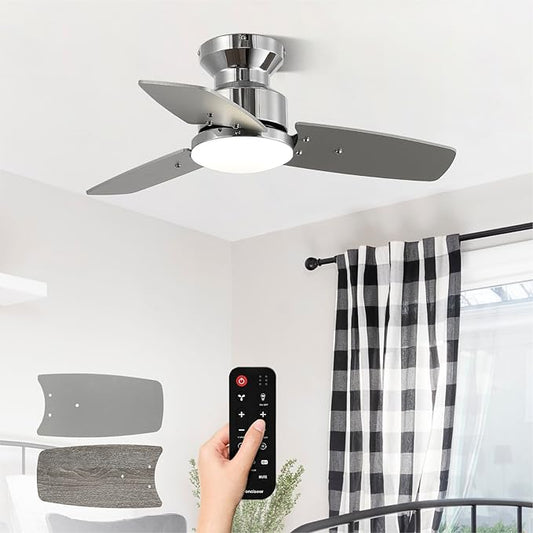 Conciseer 30 Inch Ceiling Fans with Lights and Remote, Bedroom Living Room Office, Flush Mount, 3CCT Dimmable, Dual Color 3 Blades 6 Speed Reversible Quiet DC Motor, Chrome-Plated/Wood Grain