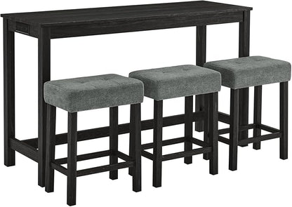 HMFULE 59'' Bar Table and Chairs Set with Power Outlet, Industrial Breakfast Table Set with 3 Padded Stools, Solid Wood Console Table Set for Living Dining Room, Black