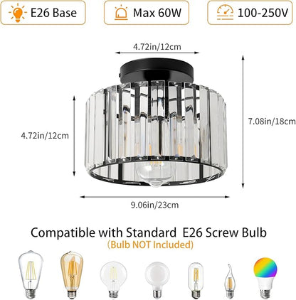 9 Inch Black Crystal Ceiling Light Fixture - Modern Semi-Flush Mount Chandelier with Premium Crystals for Entryway, Dining Room, Bedroom, Kitchen