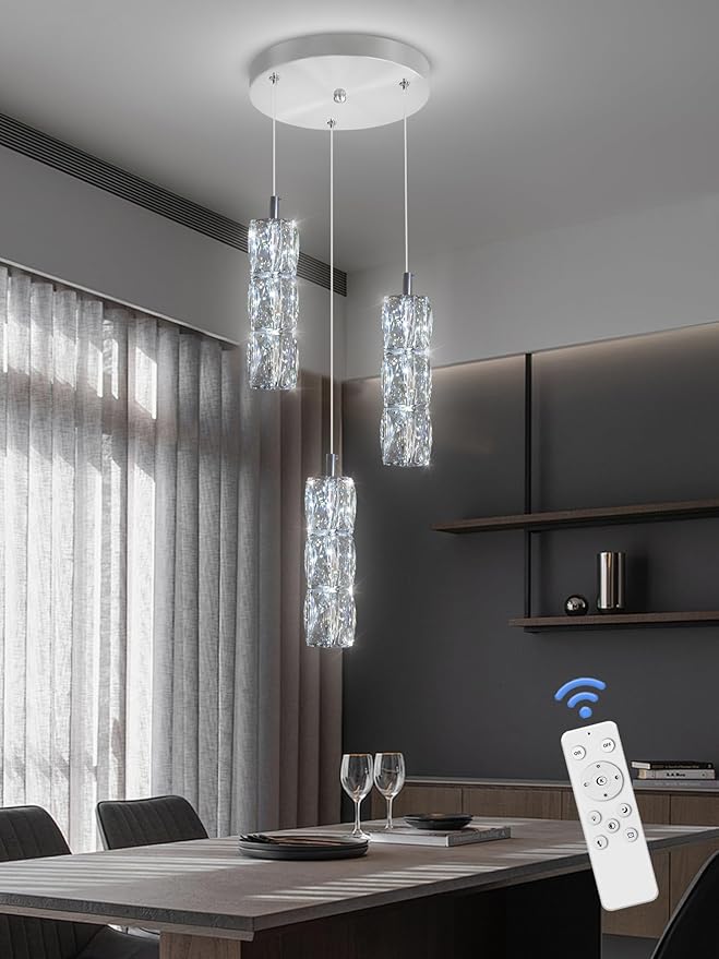 ykolupty Pendant Lights Kitchen Island 3-Lights Silver Crystal Chandelier for Dining Room Hallway Stairwell,LED Dimmable 2700K-6000K