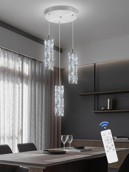 ykolupty Pendant Lights Kitchen Island 3-Lights Silver Crystal Chandelier for Dining Room Hallway Stairwell,LED Dimmable 2700K-6000K